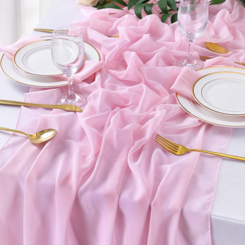 QueenDream Pink Valentines Day Decor Table Runner Chiffon Cloth Rustic Gauze Sheer Table Runner 120 Inch 10 FT for Wedding Baby Bridal Shower Sheer Boho Spring Home Tea Party Decorations - Image 1